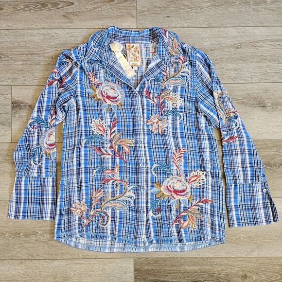 Johnny Was Tops - NWT Johnny Was Plaid Womens Shirt S Button Down Floral Embroidered 100% Silk